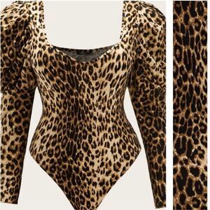 SheIn Womens Leopard Print Puff Sleeve Square Neck Bodysuit Black Brown Sz Large